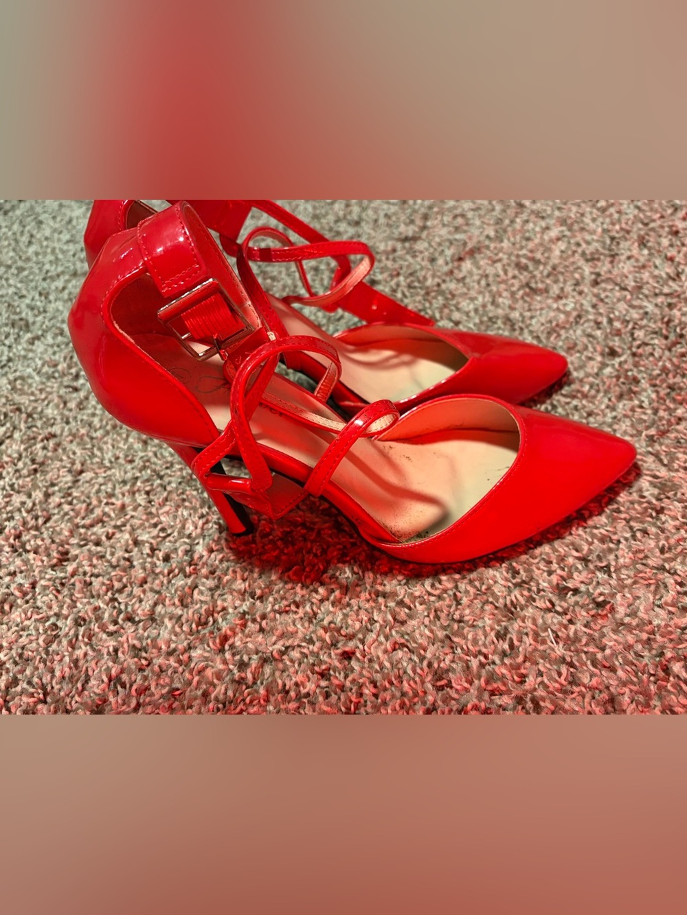Red Strappy High Heel Pumps - Women